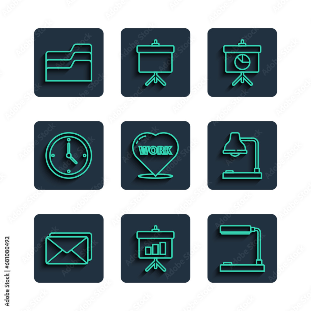 Poster set line envelope, chalkboard with diagram, table lamp, heart text work, clock, document folder and 