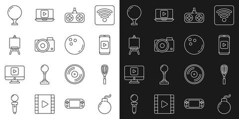 Set line Bomb ready to explode, Kitchen whisk, Online play video, Gamepad, Photo camera, Easel or painting art boards, Golf ball on tee and Bowling icon. Vector