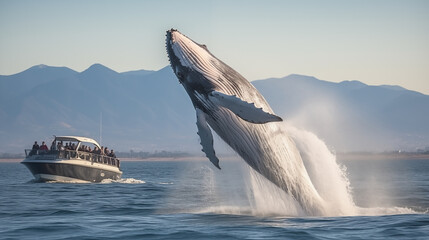 Fototapeta premium Whale Watching Bliss: A scene of a whale breaching close to a whale-watching boat, capturing the excitement and joy of witnessing these creatures in their natural habitat