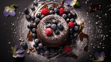 Obraz na płótnie Canvas a chocolate cake topped with blueberries and raspberries on top of a black plate with flowers on the side of the plate and a flower on the side of the plate.