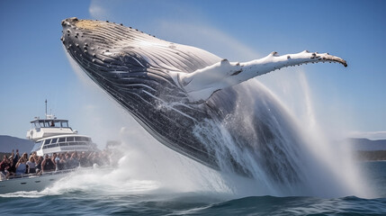 Whale Watching Bliss: A scene of a whale breaching close to a whale-watching boat, capturing the excitement and joy of witnessing these creatures in their natural habitat - obrazy, fototapety, plakaty