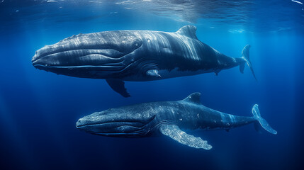 Dynamic Duo: An image featuring two whales swimming side by side, creating a visually dynamic and harmonious composition in the open sea - obrazy, fototapety, plakaty