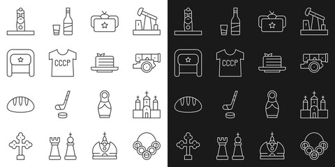 Set line Russian bagels, Church building, Cannon, Ushanka, USSR t-shirt, Slavic pagan idol and Medovik icon. Vector - obrazy, fototapety, plakaty