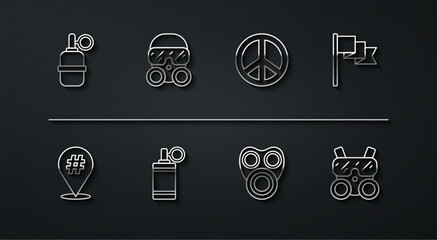 Set line Hand grenade, Protest, Location marker, Gas mask, and Peace icon. Vector