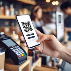 Hands and phone close-up, scanning QR code on mobile phone, paying in store,generative ai illustration art