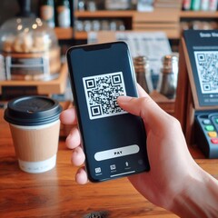 Hands and phone close-up, scanning QR code on mobile phone, paying in store,generative ai illustration art