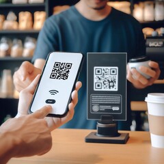 Hands and phone close-up, scanning QR code on mobile phone, paying in store,generative ai illustration art