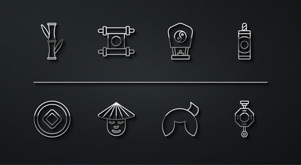 Set line Bamboo, Chinese Yuan currency, Firework, fortune cookie, man, Decree, paper, parchment, scroll, lantern and icon. Vector