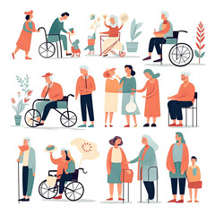 Volunteers helping senior people with disability Flat vector illustration daily activities working AI Generated