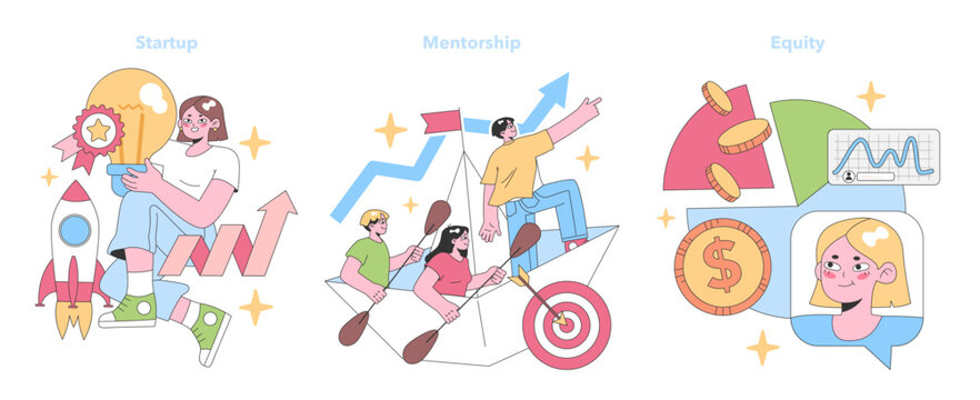 Entrepreneurial journey set. Woman launches a startup with innovation, team enjoys mentorship growth, and equity insights displayed. Earnings and analysis. Flat vector illustration