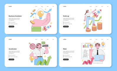 Startup growth journey set. Business incubator nurturing idea, scaling venture, fast-paced expansion, and data-driven pitch. Business incubator, Scale-up, Accelerator, and Pitch. vector illustration.