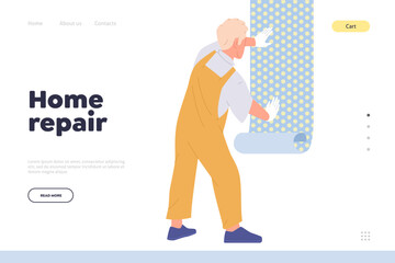 Home repair service online landing page template with craftsman character applying wallpaper