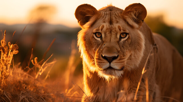 A liger, with a serene savannah as the background, during a golden sunset