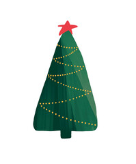 Collage with Christmas tree and Christmas tree toys. Christmas tree with yellow garland. Design element of  New Year's sale banner, print, postcard,  invitation