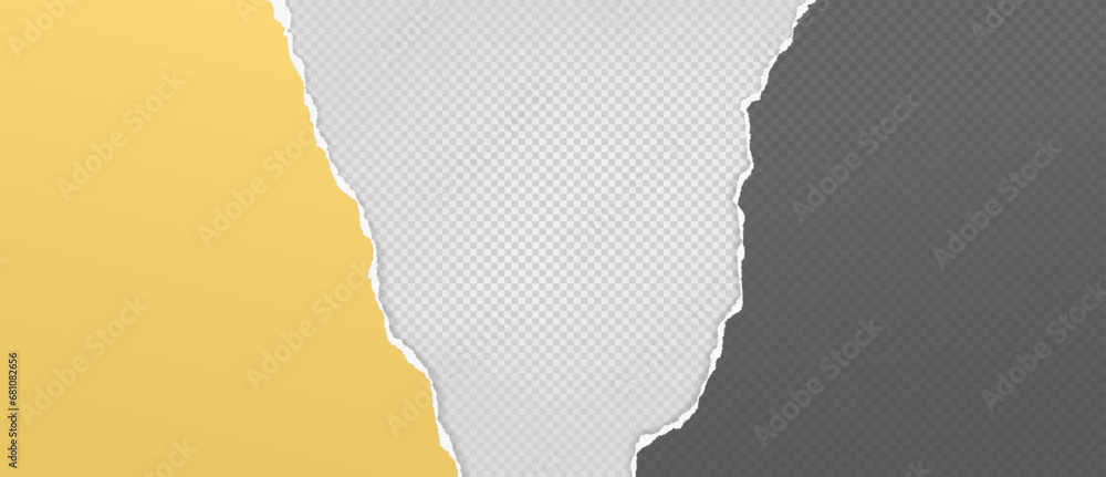 Poster torn, ripped yellow and dark grey paper strips with soft shadow are on squared background for text.