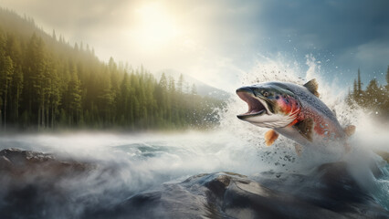 Fototapeta premium Salmon Leaping in a Stream created with Generative AI Technology, ai, generative