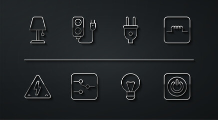 Set line Table lamp, High voltage, Inductor in electronic circuit, Creative light idea, Switch, Electric extension, Power button and plug icon. Vector
