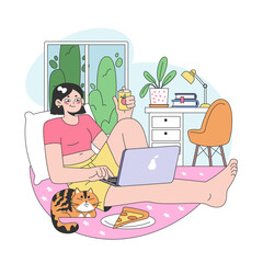 Co-living. Friends or roommates living together. Characters hang out in dormitory or student apartment. Joint living and recreation in friends company. Flat vector illustration.