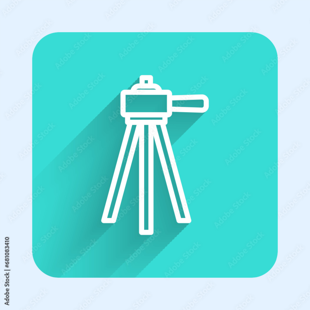 Poster white line tripod icon isolated with long shadow. green square button. vector