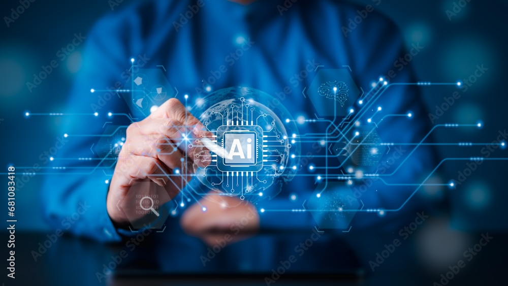 Poster ai processor technology or artificial intelligence. man using smart cloud a.i. by entering command p