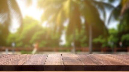 Wooden table wit a blured beach background, empty spot for product placement - obrazy, fototapety, plakaty
