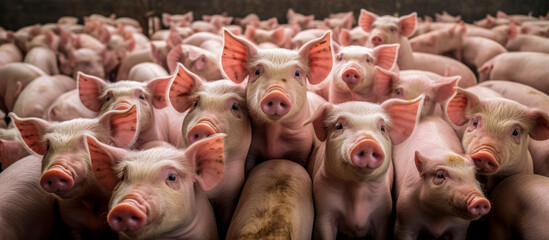 portrait of a group of pigs in an intensive pig farm with many specimens - pig or pork farming concept - obrazy, fototapety, plakaty