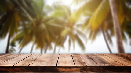 Foto op Canvas Wooden table wit a blured beach background, empty spot for product placement © Hendrikus