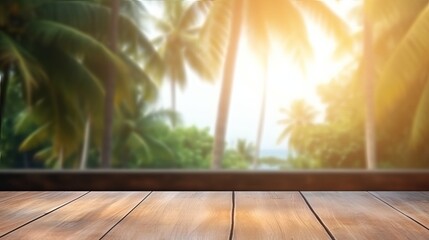 Wooden table wit a blured beach background, empty spot for product placement