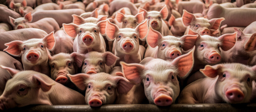 portrait of a group of pigs in an intensive pig farm with many specimens - pig or pork farming concept