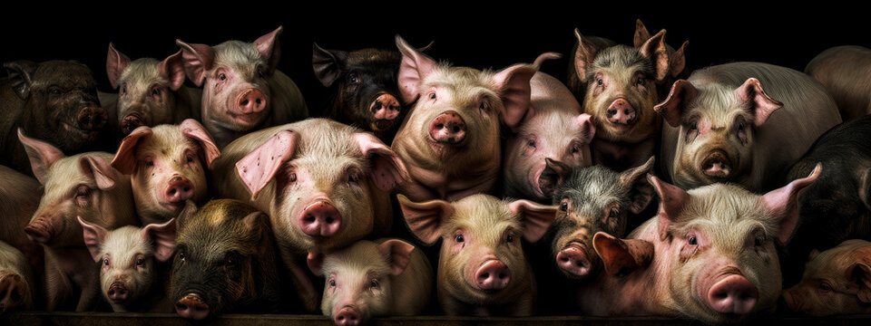 portrait of a group of pigs of different breeds with black background