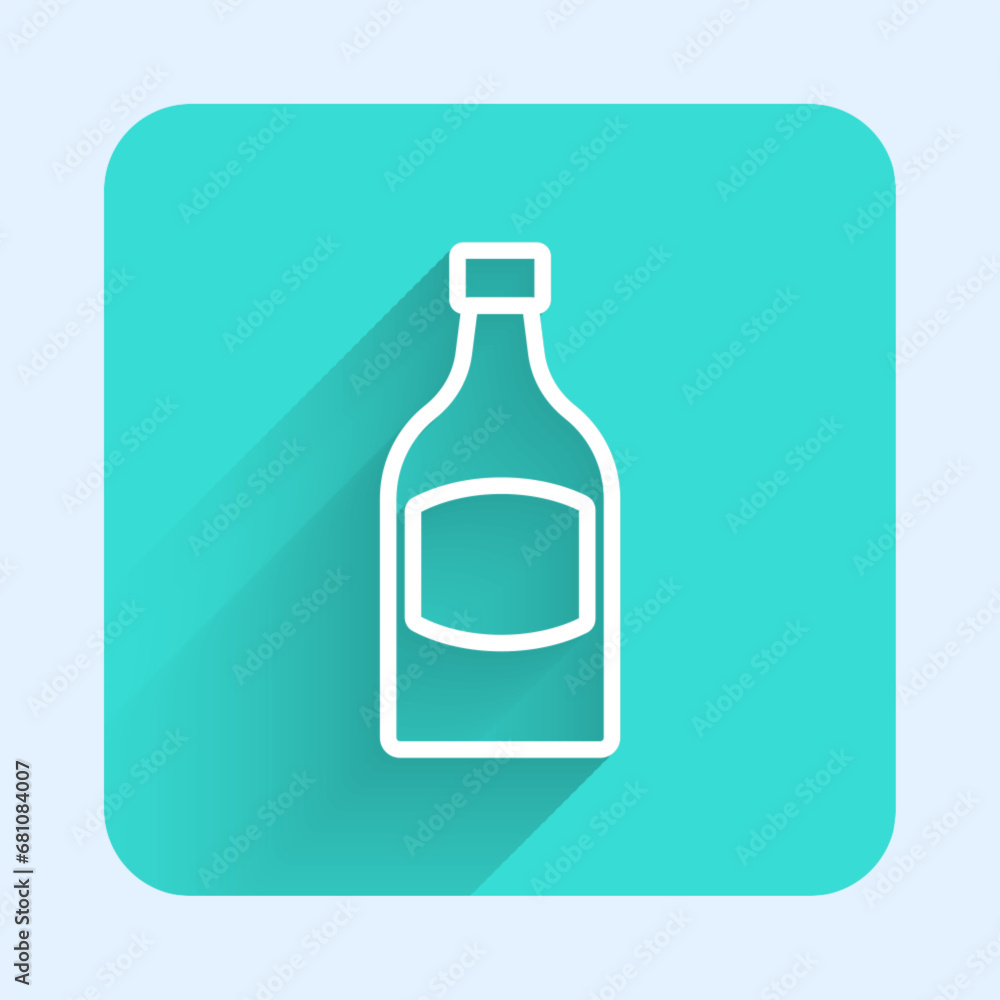 Poster white line beer bottle icon isolated with long shadow background. green square button. vector