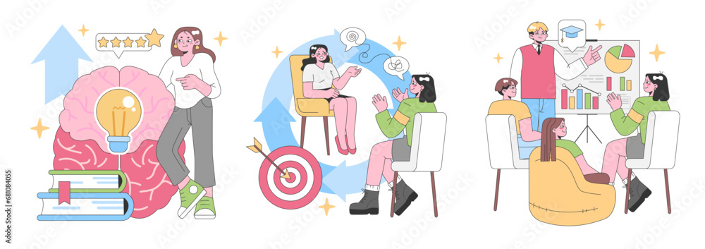Poster professional growth set. brainstorming sessions ignite ideas. target achieving. collaborative discus