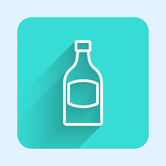 White line Beer bottle icon isolated with long shadow background. Green square button. Vector