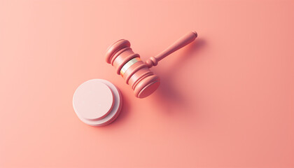 Court of Law and Justice Trial Session Imparcial Honorable Judge Pronouncing Sentence, striking Gavel. Focus on Mallet, Hammer. Not Guilty Verdict. Pastel colored Copy space