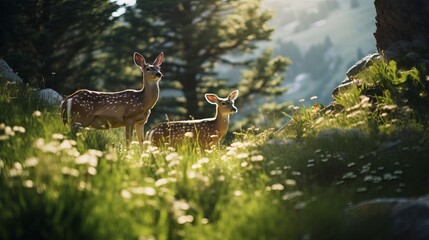 A pair of deer in the forest - obrazy, fototapety, plakaty