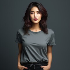 Fototapeta premium Beautiful asian woman with flowing black hair, wearing a dark t-shirt on a dark background
