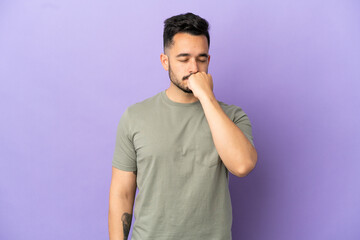 Young caucasian man isolated on purple background having doubts