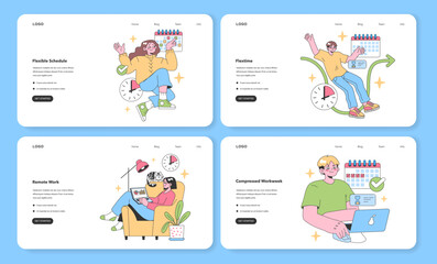 Flexible Work Arrangements set. Professionals enjoying various work schedules. Flexible schedule, flextime, remote work, and compressed workweek. Vibrant personalities in action. vector illustration