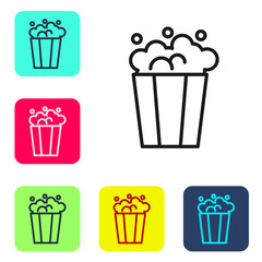 Black line Popcorn in cardboard box icon isolated on white background. Popcorn bucket box. Set icons in color square buttons. Vector