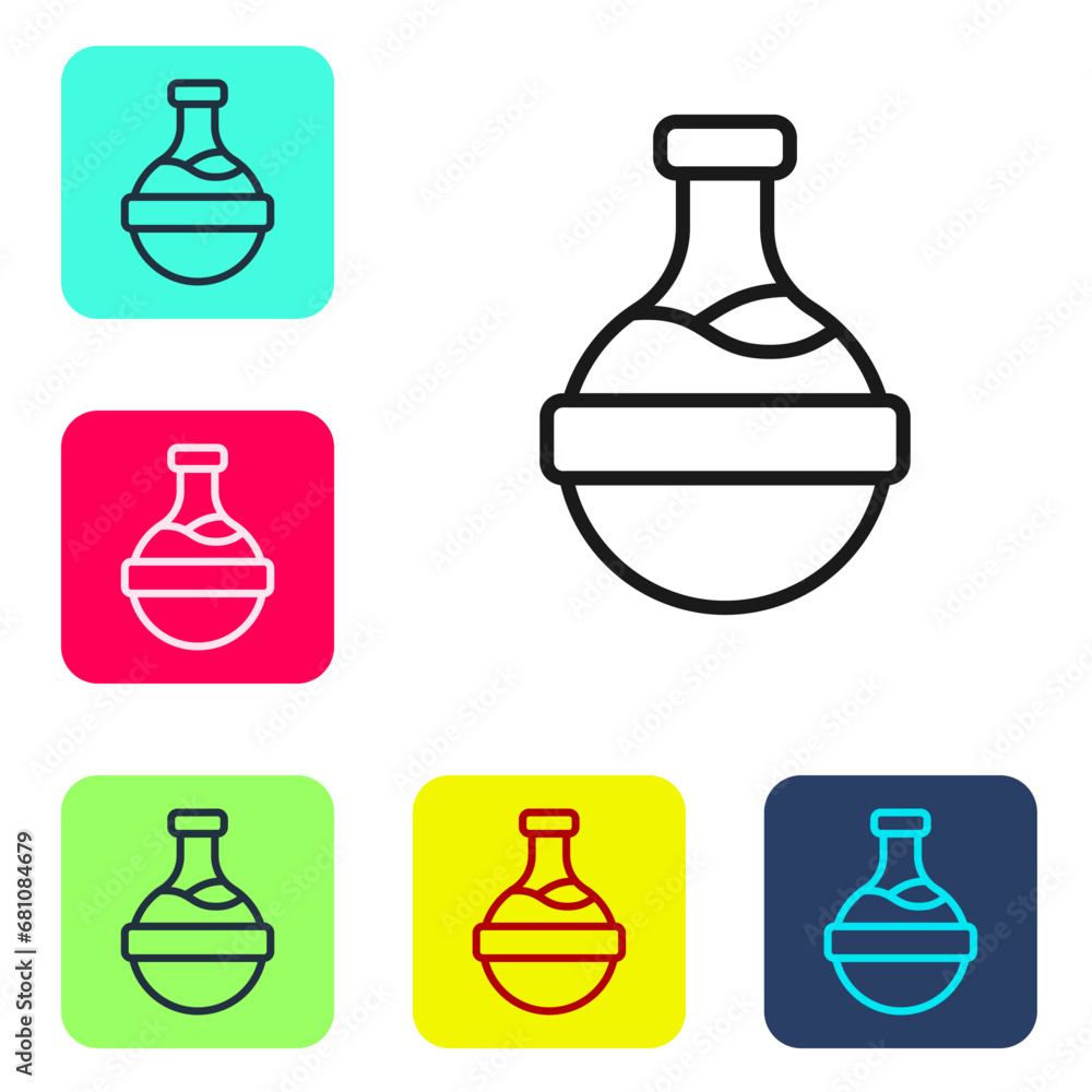 Poster black line bottle with potion icon isolated on white background. flask with magic potion. happy hall