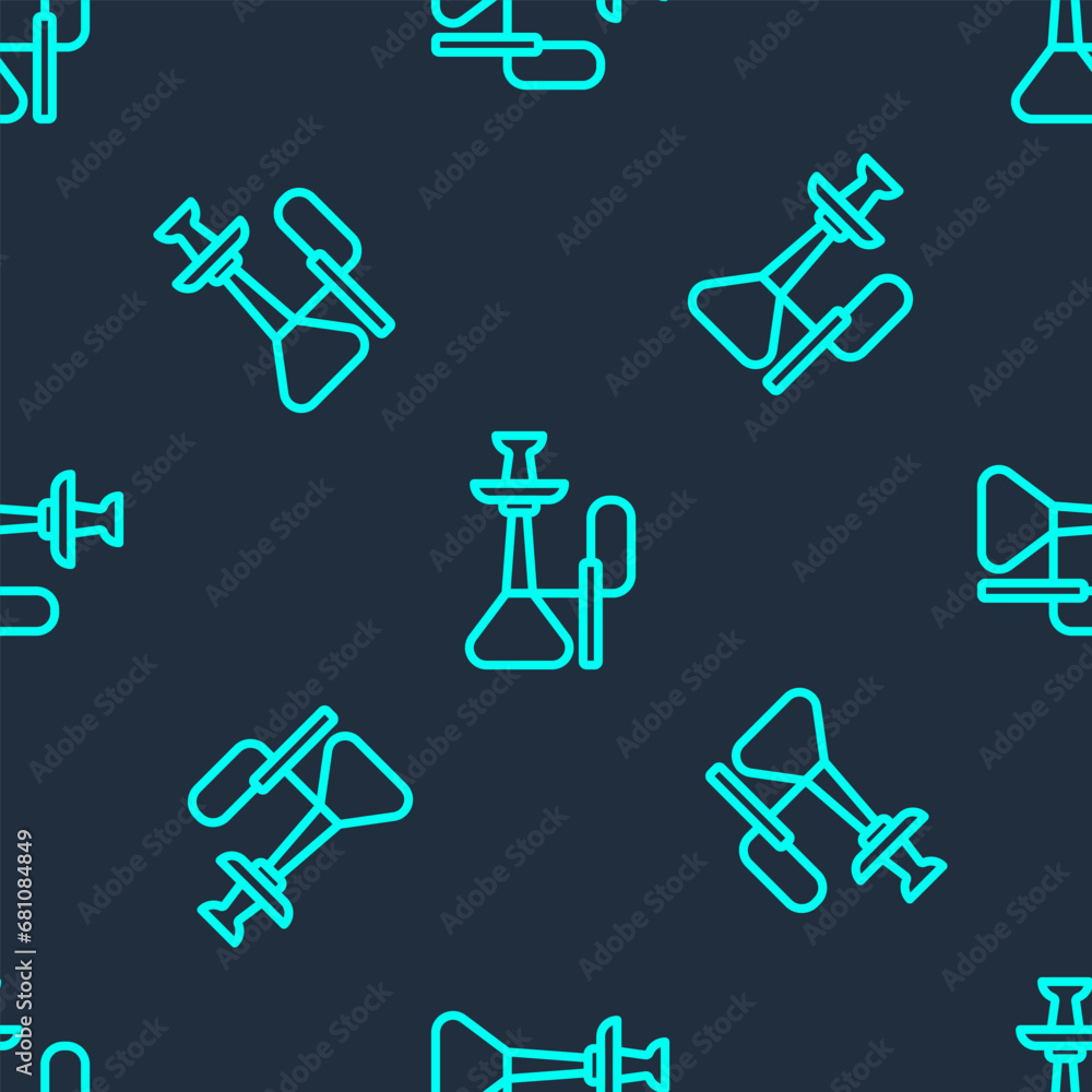 Sticker green line hookah icon isolated seamless pattern on blue background. vector