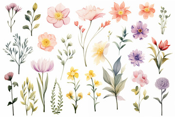 Fototapeta na wymiar Watercolor paintings various types of Asian flowers on a white paper background.