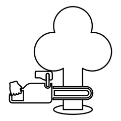 Chainsaw sawing board woodchopper concept lumberjack arborist cutting deforestation prunes sprinking contour outline line icon black color vector illustration image thin flat style