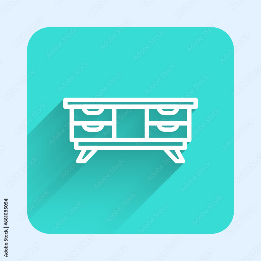 Poster white line tv table stand icon isolated with long shadow background. green square button. vector
