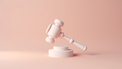 Court of Law and Justice Trial Session Imparcial Honorable Judge Pronouncing Sentence, striking Gavel. Focus on Mallet, Hammer. Not Guilty Verdict. Pastel colored Copy space