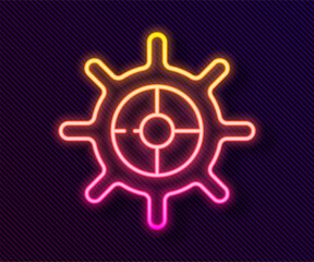 Obraz premium Glowing neon line Ship steering wheel icon isolated on black background. Vector