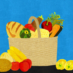 Warzywa, chleb  i owoce w wiklinowym koszu na niebieskim tle.