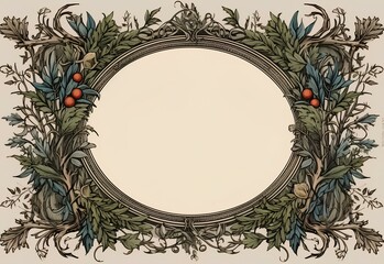 Vintage postcard, oval frame of leaves and curlicues with an empty space.