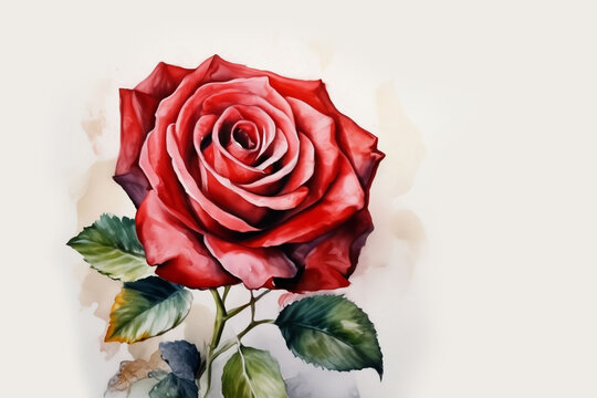 One red rose. Holiday card. Watercolor illustration.