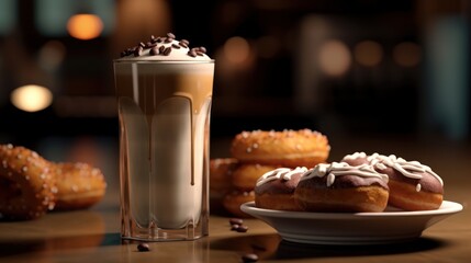 Delicious donuts and cappuccino on table in cafe. Isolated on a Background With a Copy Space.